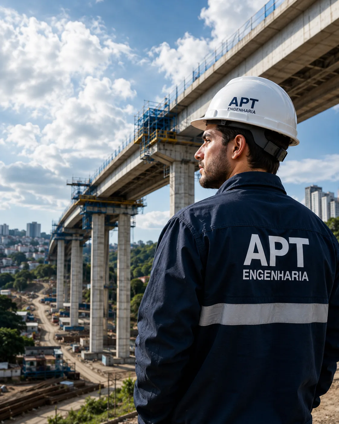 Engenheiro da APT em obra viária, ponte ao fundo